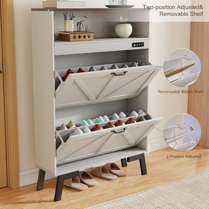 Shoe Cabinet with Deodorizer, Narrow White Entryway Storage, Anti-Tip | Deodorizer with 4 Modes | 2 Flip Drawers | Adjustable Shelves | Narrow White Design | Anti-Tip Kit | 9.4"D x 31.4"W - size: 47"H x 34.1"W x 9.4"D