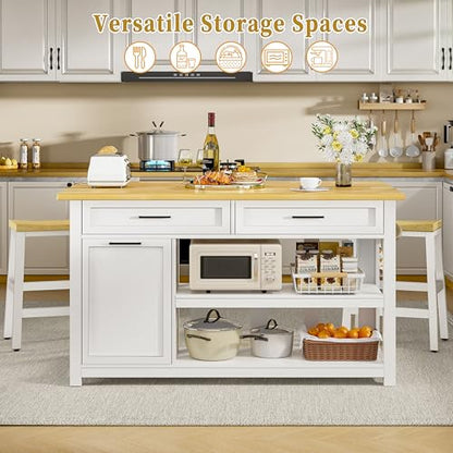 Kitchen Island with Storage and Seating Include 2 Bar Stools, Drawers,White | 47" Solid Rubberwood Top Kitchen Island with Trash Can Storage, Power Outlet, 6 Hooks, Coffee Bar Cabinet, Dining Table for 2 - color: White