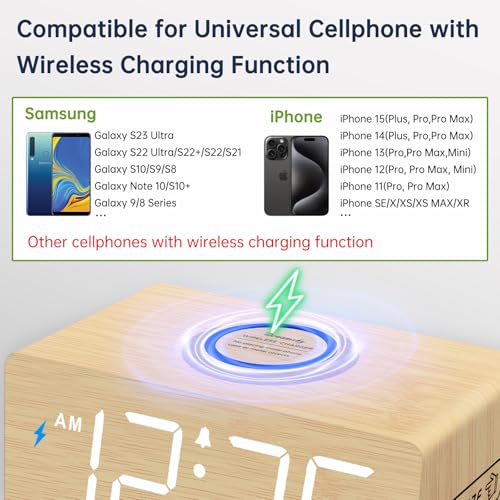 DreamSky Wooden Digital Alarm Clock with Wireless Charging for Bedroom | Bedside Nightstand Clock with Charger Station, USB Port, Large Numbers, Adjustable Volume, Brightness Dimmer, DST - color: Bamboo