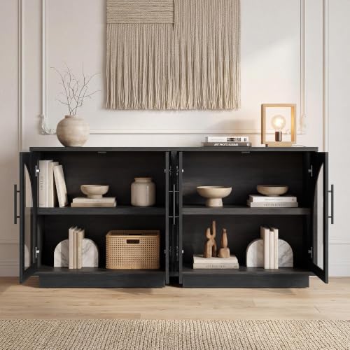Fatmok Modular Entertainment Center & Buffet Cabinet, Extra Long Sideboard TV Stand with Arched Glass Doors, Modern Wooden Storage Cabinet for Living Room, Black Grey(DCCD,4-Piece) - color: Dccd-black Grey