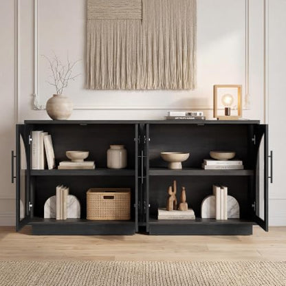 Fatmok Modular Entertainment Center & Buffet Cabinet, Extra Long Sideboard TV Stand with Arched Glass Doors, Modern Wooden Storage Cabinet for Living Room, Black Grey(DCCD,4-Piece) - color: Dccd-black Grey