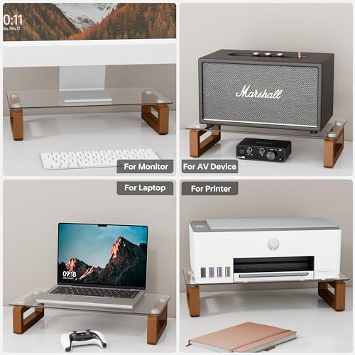 YEOUX Multi-Purpose Desktop Stand, Clear Floating Computer Monitor Riser with Natural Wood Base, Desk Organization Shelf for Printer, Laptop, Audio Device, Flat Screen - color: Walnut&Clear