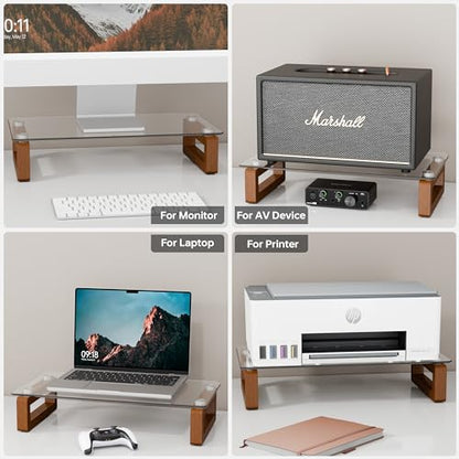 YEOUX Multi-Purpose Desktop Stand, Clear Floating Computer Monitor Riser with Natural Wood Base, Desk Organization Shelf for Printer, Laptop, Audio Device, Flat Screen - color: Walnut&Clear