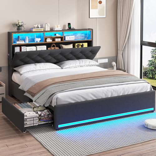 HAUOMS Full Bed Frame with Headboard and 4 Drawers, Grey Upholstered | Storage Headboard with Charging Station and LED Lights, Platform Bed with 5 Shelf, Noise Free, No Box Spring Needed - color: Linen Grey, size: Full (U.S. Standard)