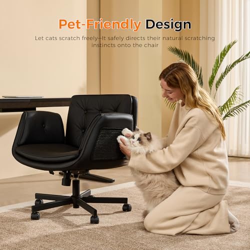 amseatec Criss Cross Office Chair, Swivel Makeup Vanity Chair with Wheels | Wide PU seat for cross-legged, fidget-friendly sitting; 5-level armrests create pet space; wipe-clean; cat scratch pad option - color: Black Linen