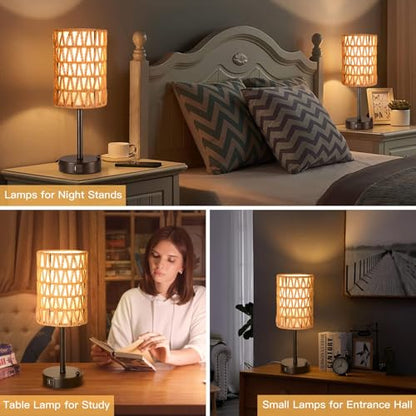 Rattan Table Lamps for Living Room, 3 Way Dimmable Touch Lamps, Small Bedside Lamps with LED Bulbs, Phone Stand, USB Ports and AC Outlet, Boho Nightstand Lamp for Kids Room, Bedroom, Office (1 Pack) - size: 1 Pack Rattan