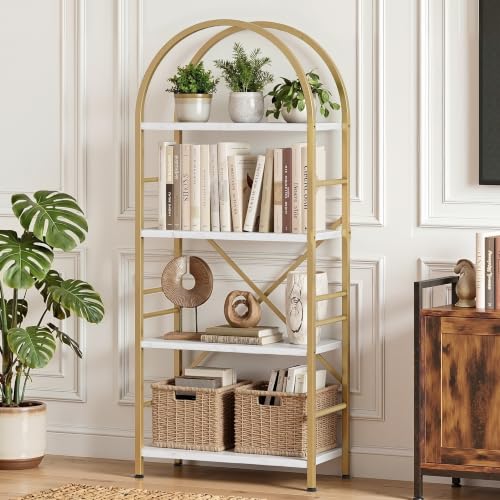Vongrasig Industrial Arched Bookshelf, 4 Tier Open Bookcase | Sturdy Wood and Metal Display Standing Shelf for Home Office, Living Room, Bedroom, White Gold - color: White Gold
