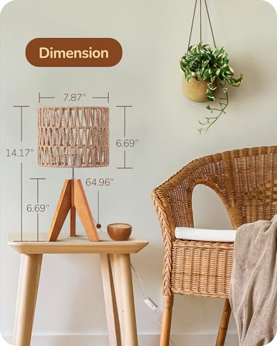 EDISHINE Rattan Small Table Lamp, Boho Nightstand Lamp, 14.2", E26 Base | Natural Style, Wood Tripod Base, Rosewood Color & W-Pattern Shade, Bedside Lamp for Living Room, End Table, Office - color: Rosewood Color&W-pattern Shade