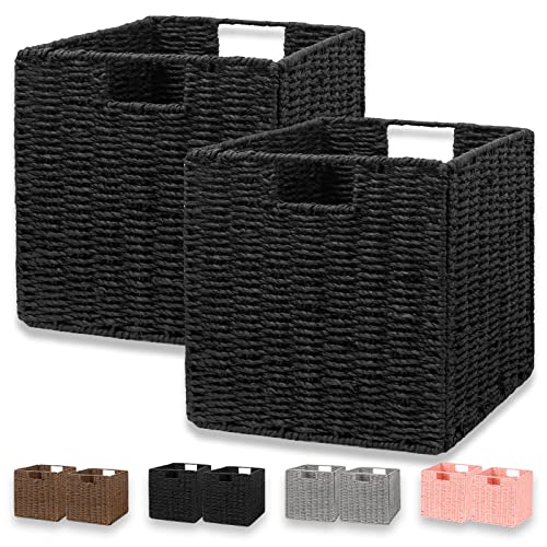 Wicker Storage Basket, Set of 2 Hand-Woven Wicker Basket, Foldable Cube Storage Bin, Black Storage Basket, Square Storage Baskets for Organizing Shelves & Decor, Black (11″×11″×11″) - color: Black, size: 11'' x 11'' x 11''