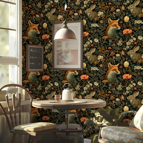 Vintage Floral Peel and Stick Animal Wallpaper Self Adhesive Removable Waterproof 17.72" x 118.1'' Whimsical Forest Fox Rabbit Botanical Mural Renter Friendly for Bedroom Living Room Study - color: WZ-HU0026-3, size: 17.7" x 118.1"