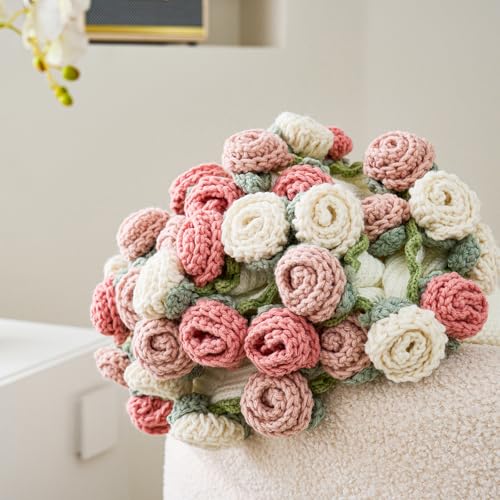 Crochet Flower Bouquet Throw Blanket, Handmade Knitted Blanket with Rose Flowers, Cute Romantic Gift for Her Girlfriend Mom Mother’s Day Valentine Wedding Anniversary Birthday, Pink and White - color: Rose Pink, size: 40 Inches