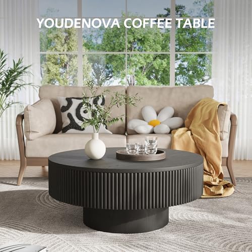 YOUDENOVA 35” Round Fluted Coffee Table, Modern Wood Circle Coffee Table, Veneer Handcrafted Relief Tea Table with Sturdy Pedestal for Living Room - Black - color: 35" Black-round