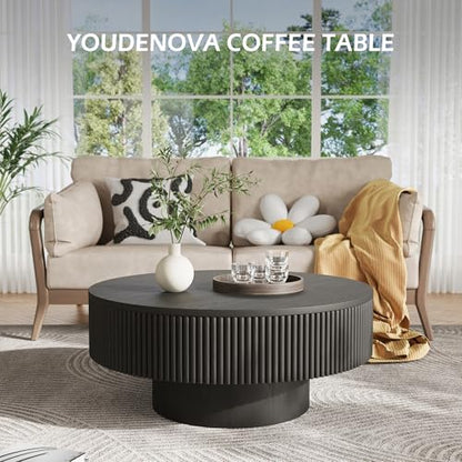 YOUDENOVA 35” Round Fluted Coffee Table, Modern Wood Circle Coffee Table, Veneer Handcrafted Relief Tea Table with Sturdy Pedestal for Living Room - Black - color: 35" Black-round