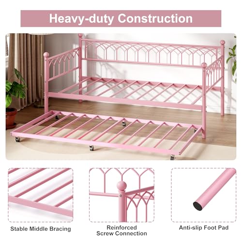 IDEALHOUSE Twin Size Daybed, Sofa Bed Frame with Metal Steel Slat Support, Heavy Duty Metal Bed Frame, Space Saving, Easy Assembly, for Small Spaces, Living Room, Bedroom, Apartment, Pink | Space-Saving Guest Bed - Slides Under Daybeds for Overnight Visit
