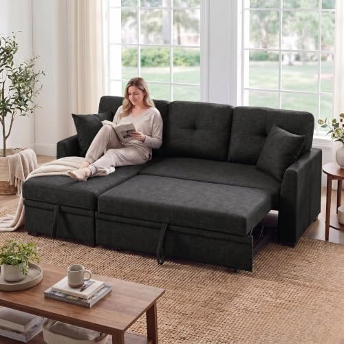 L Shape Queen 3-Seat Pull Out Sleeper Sofa Bed with Storage, Black | Convertible Sofa Bed, L Shape Sleeper Sofa wit, Reversible Storage Chaise, Tufted Fabric,Sectional Sleeper Sofa - color: C-charcoal Black-03c