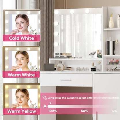 Palimder Vanity Desk with Mirror & Light, Large Drawer Three Level Storage Dresser, 3 Lighting Modes Adjustable Brightness, Bedroom Dressing Table - color: Purewhite