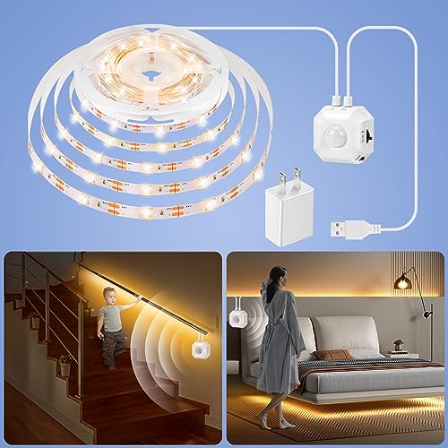 Under Bed Lights Motion Sensor LED Strip Stair Night Lighting Indoor 16.4ft | 3000K Warm White Dimmable Motion Activated LED Strip Lights,Auto On/Off,USB Powered for Bedroom Under Cabinet Kitchen Hallway - size: 16.4ft-One Motion Sensor