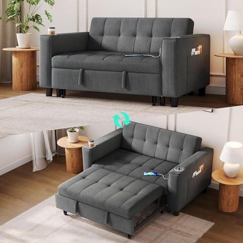 LINSY Sleeper Sofa Bed, 54" Pull Out Couch with Charging Station & Cup Holder, Small 3 in 1 Convertible Loveseat Sleeper Couch for Apartment, Dorm Room, Bedroom and Small Space, Gray - color: Dark Gray