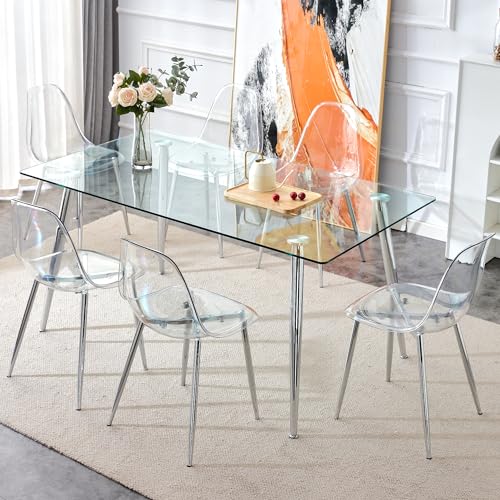 Baysitone Clear Dining Chairs Set of 6, Modern Kitchen Chairs with Transparent Seat, Acrylic Accent Side Chairs with Silver Metal Legs for Dining Room, Kitchen, Living Room - color: Silver, size: Set of 6