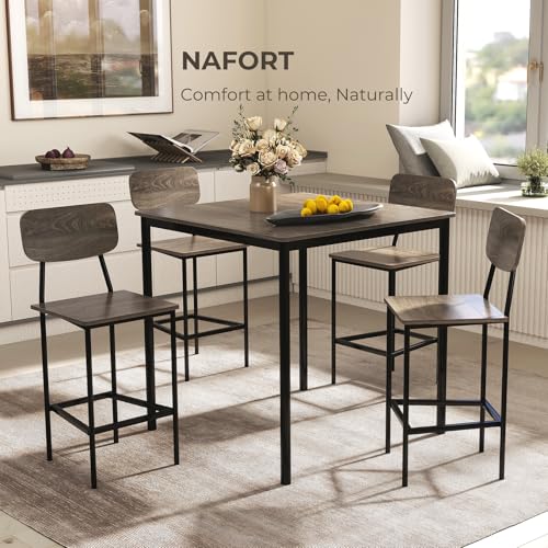 NAFORT Counter Height Dining Table Set for 4, Industrial Bar Table and Chairs Set, 5 Piece Square Pub Table with 4 Stools, Space-Saving Kitchen & Dining Room Furniture Set for Pub, Home, Restaurant - color: Grey