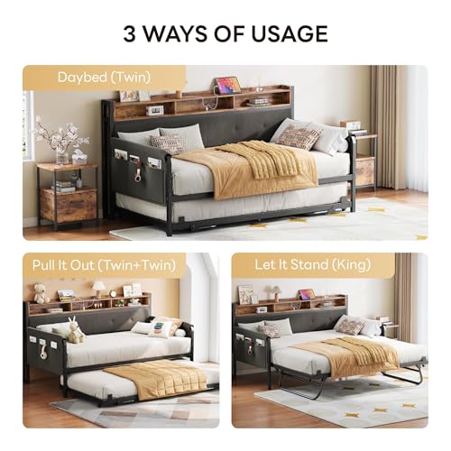 LIKIMIO Daybed with Trundle, Twin Bed Frame,Black | with Upholstered Headboard and Charging Station, Sofa Day Bed with Strong Supports for Living Room, Bedroom and Guest Room - color: Black