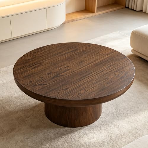 35.98" Round Coffee Table with Cylindrical Base, Modern Wood Drum Center Table, Accent Side End Table for Living Room Apartment, φ35.98"*15.98"H (Dark Brown) - color: C-35.98" Brown