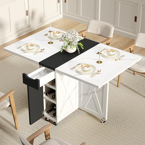 Folding Dining Table for 2-6, Easy Assembly, Stone Pattern+Black | 52.7" Folding Dining Table with 6 Wheels, Drop Leaf Table with Drawers, Shelves and Wine Rack for Small Spaces - color: Black