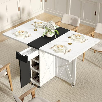 Folding Dining Table for 2-6, Easy Assembly, Stone Pattern+Black | 52.7" Folding Dining Table with 6 Wheels, Drop Leaf Table with Drawers, Shelves and Wine Rack for Small Spaces - color: Black