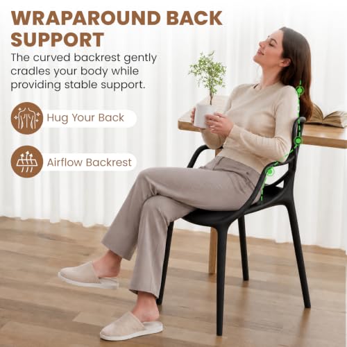 Mid Century Modern Dining Chairs Set of 4, Stackable Kitchen Chairs | Plastic Dining Room Chairs with Contoured Backrest & Wide Seat & Non-Slip Feet for Dining/Kitchen/Living Room, Black - color: Black