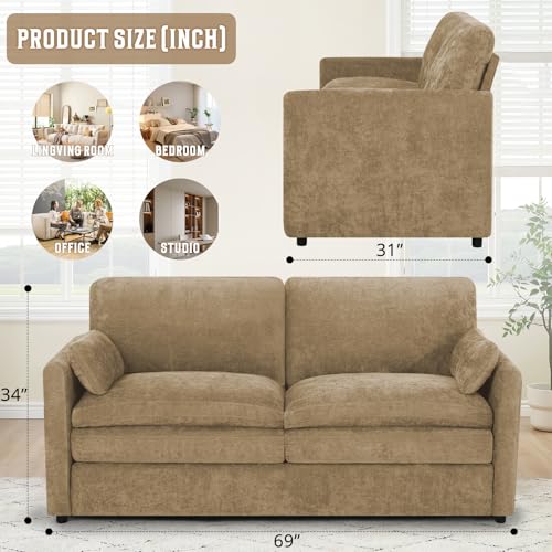 69" Chenille 2 Seats Sofa with 2 Pillows, Camel | Modern Upholstered Sofa with Deeper Seats, Comfy Sofa with Thickened Cushions for Living Room, Apartment - color: Camel, size: Loveseat