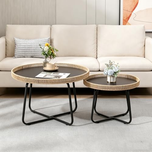 Round Woven Nesting Table, Wicker Coffee Table and Side Table Set of 2 | Metal Legs, for Living Room\ Outdoor\ Bedroom\ Office\ Balcony\ Patio, with Lip on Top