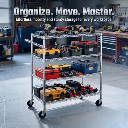 Finnhomy 4 Tier Heavy Duty Commercial Grade Rolling Cart with Handle Bar, Metal Wire Utility Cart with Wheels, Service Trolley on Wheels, Shelf Size 24" D x 36" W, NSF, Chrome - size: 36"L x 24"W x 46.7"H-4 Tier, style: Chrome Cart