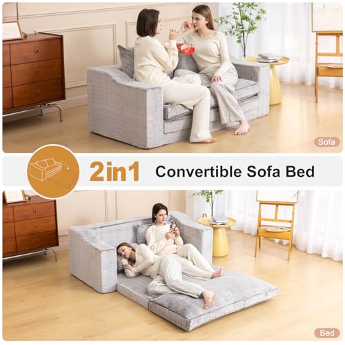 61" Boneless Loveseat Sleeper, Folding Sofa Bed, Faux Fur Cover, Dove Grey | Memory Foam Pull Out Futon Bed with Removable Washable Cover, Space-Saving Fold Out Couch for Living Room & Guest Room - color: Dove Grey