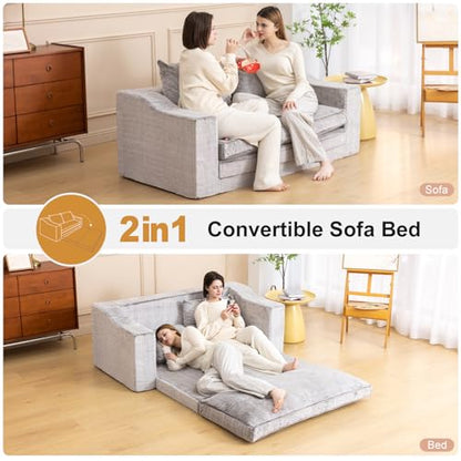 61" Boneless Loveseat Sleeper, Folding Sofa Bed, Faux Fur Cover, Dove Grey | Memory Foam Pull Out Futon Bed with Removable Washable Cover, Space-Saving Fold Out Couch for Living Room & Guest Room - color: Dove Grey