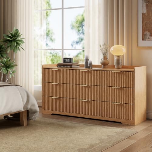 Fluted 9 Drawer Bedroom Dressers Set of 2, 47"W x 26"H, Natural Oak | Modern horizontal chests of drawers with TV stand tops, metal handles, smooth-gliding drawers and anti-tip kits - size: 9D + 9D
