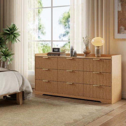 Fluted 9 Drawer Bedroom Dressers Set of 2, 47"W x 26"H, Natural Oak | Modern horizontal chests of drawers with TV stand tops, metal handles, smooth-gliding drawers and anti-tip kits - size: 9D + 9D