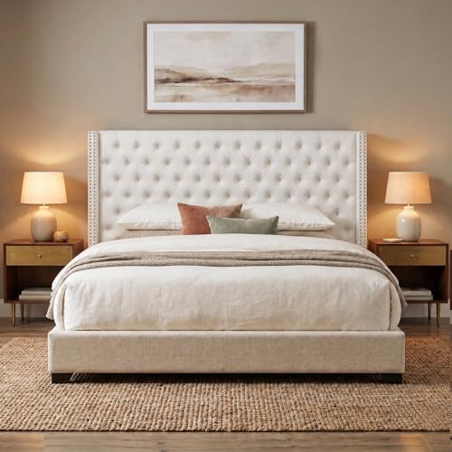 Madison Park King Wingback Upholstered Tufted Headboard, Featuring High-Density Sponge Padding, Adjustable Height Headboard, Easy Assembly, Beige Velvet - color: Beige Velvet, size: King