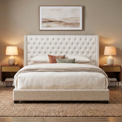 Madison Park King Wingback Upholstered Tufted Headboard, Featuring High-Density Sponge Padding, Adjustable Height Headboard, Easy Assembly, Beige Velvet - color: Beige Velvet, size: King
