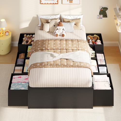 ADORNEVE Twin Bed Frame with 12 Storage Drawers, Metal Platform Bed | Black Bed Frame with Steel Slat Support and Footboard for Boys/Teen/Adult, No Box Spring Needed, Easy Assembly, Noise-Free - size: Twin-12 Drawers
