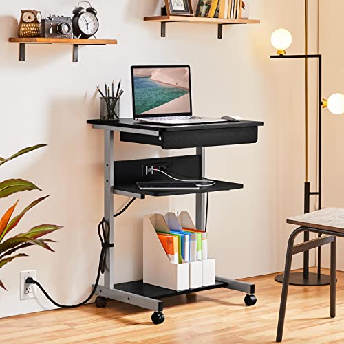 Yaheetech Small Rolling Computer Desk with Power Outlet, Laptop Cart, Black | A Small Rolling Desk with a Power Outlet, 2 USB Ports, a Drawer, and a Shelf Fits a Laptop and Printer into Tight Spaces.