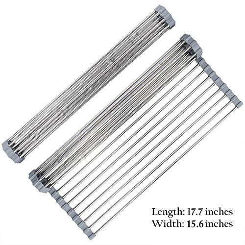 Hhyn Roll Up Dish Drying Rack Over The Sink 17.7"(L) x 15.6"(W), Gray | Multipurpose Foldable Stainless Steel Kitchen Rollable Drainer Rack - size: 17.7"(L) x 15.6"(W)