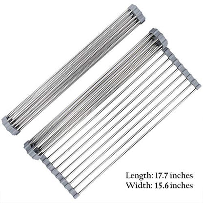 Hhyn Roll Up Dish Drying Rack Over The Sink 17.7"(L) x 15.6"(W), Gray | Multipurpose Foldable Stainless Steel Kitchen Rollable Drainer Rack - size: 17.7"(L) x 15.6"(W)