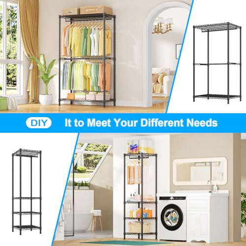 E10 Clothes Rack（With Stretchable Hanger Rod）Freestanding Clothing Racks for Hanging Clothes，Adjustable Closet Organizer System，Portable Garment Rack 73-97"W x 15" D x 72" H，Max Load 800LBS，Black - color: Black