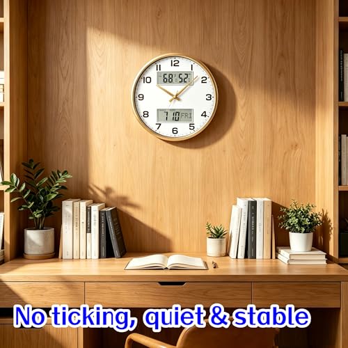 13" Gold Battery Powered Silent Wall Clock | Calendar, Temperature, Humidity, J-3728 - color: Gold
