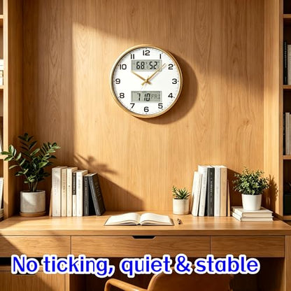 13" Gold Battery Powered Silent Wall Clock | Calendar, Temperature, Humidity, J-3728 - color: Gold
