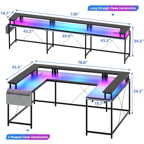GarveeHome U Shaped Desk with Power Outlets & LED Lights, 79 in Reversible L Shaped Desk, Corner Computer Desk Office Desk with Full Monitor Stand, Black