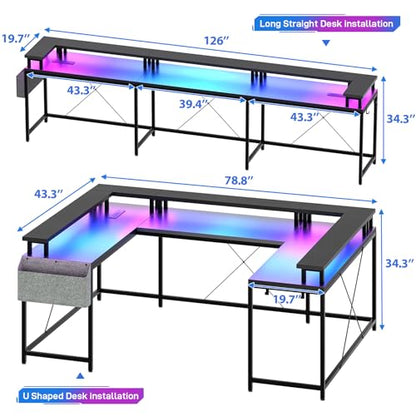 GarveeHome U Shaped Desk with Power Outlets & LED Lights, 79 in Reversible L Shaped Desk, Corner Computer Desk Office Desk with Full Monitor Stand, Black