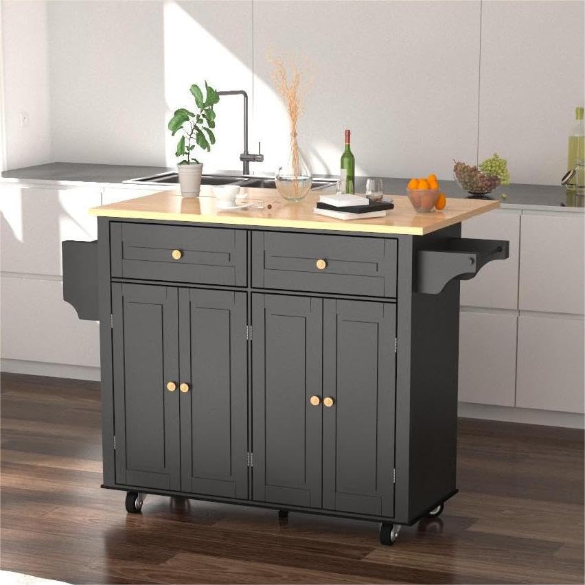 51 Kitchen Island Cart with Drop Leaf Breakfast Bar, Rolling Mobile Kitchen Island Table on Wheels with Storage Cabinet, Drawer, Spice/Towel Rack, Black - size: 51.2 Inch