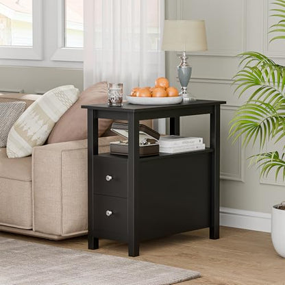 ZENY Narrow End Table Side Table with Drawer and Open Shelf Sofa Table for Living Room Bedroom, Bedside, Couch - color: Black