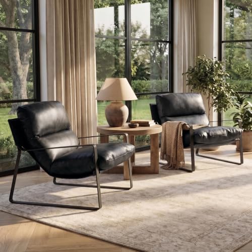 Set of 2 Accent Chairs, PU Leather Living Room Chair, Black | Comfy Armchairs, Upholstered Lounge Armchair, Removable Seat Cushion, Black Metal Frame, For Reading Room, Bedroom, Balcony - color: Black-black Legs, size: 2PCS